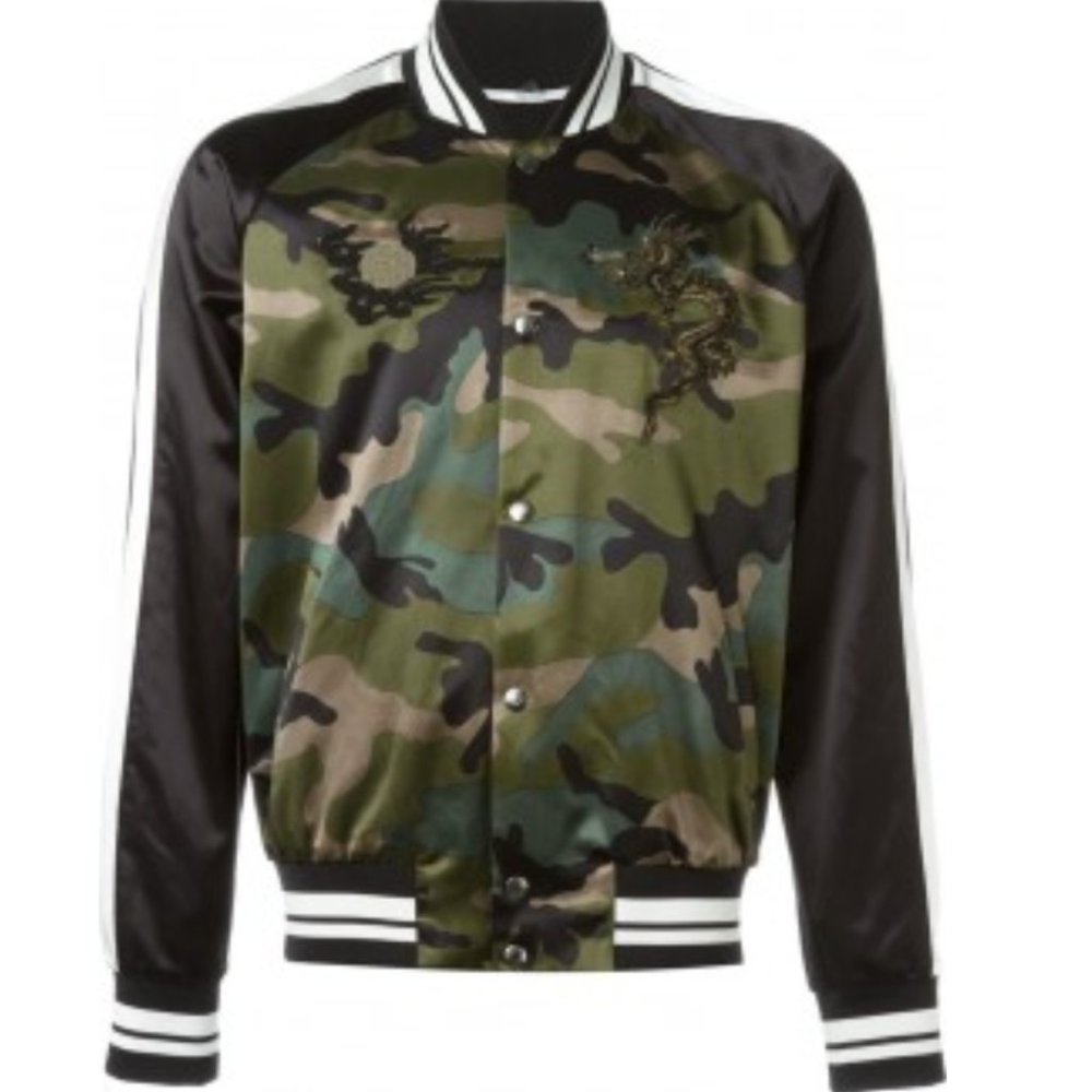 NEW Valentino Dragon Embroidered Beaded Logo Camouflage Souvenir Jacket $3750
